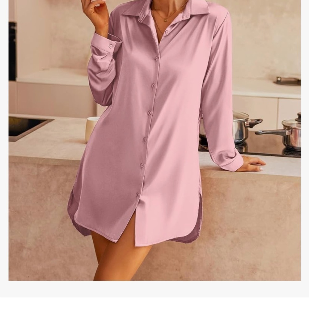 NWT pink satin button long sleeve shirt great for bridal wear 3X